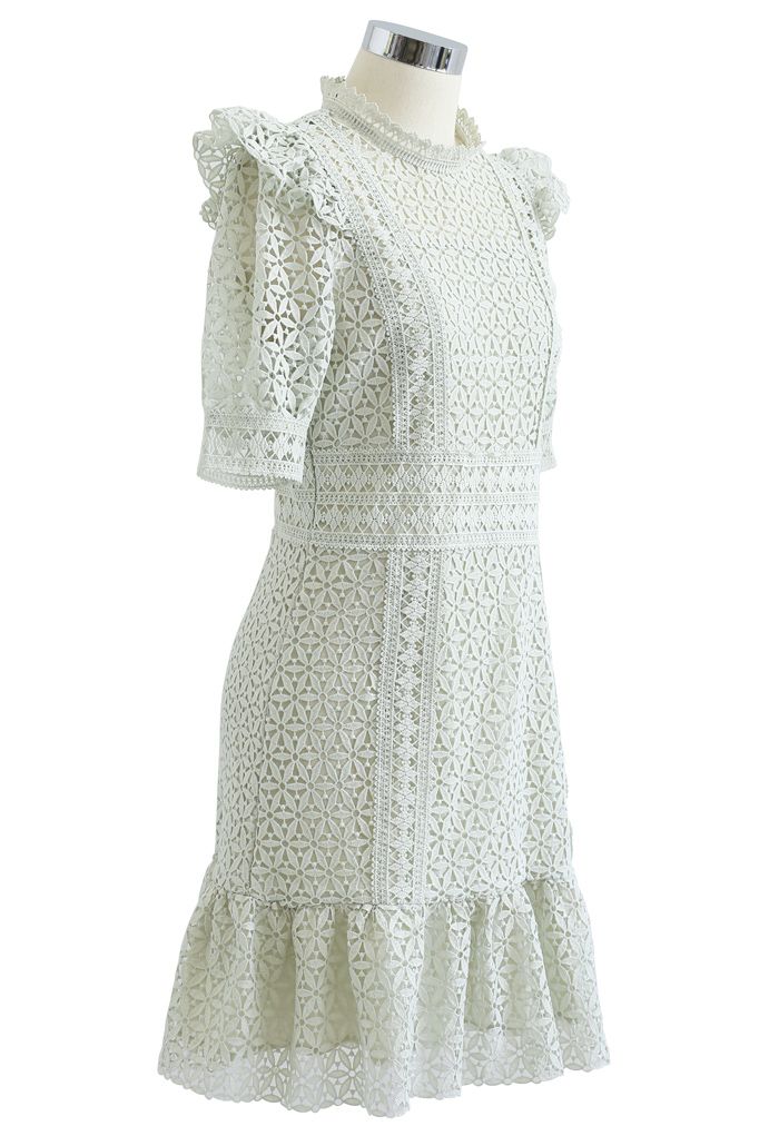 High Neck Full Crochet Mini Dress in Pistachio