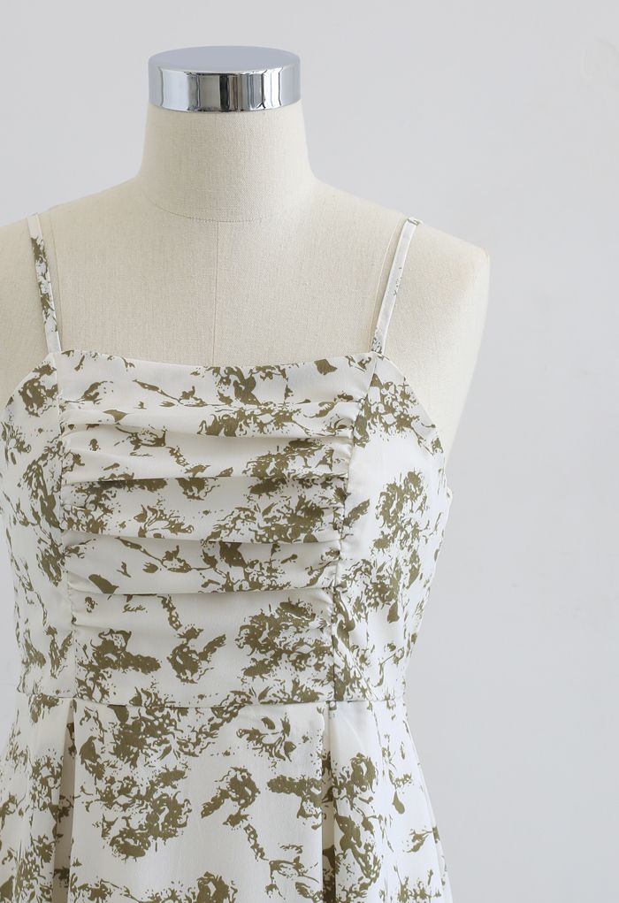 Ruched Bust Pleated Print Cami Dress in Ivory
