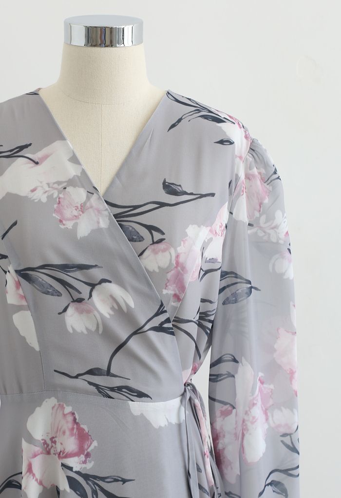 Stunning Grey Floral Print Wrap Chiffon Maxi Dress