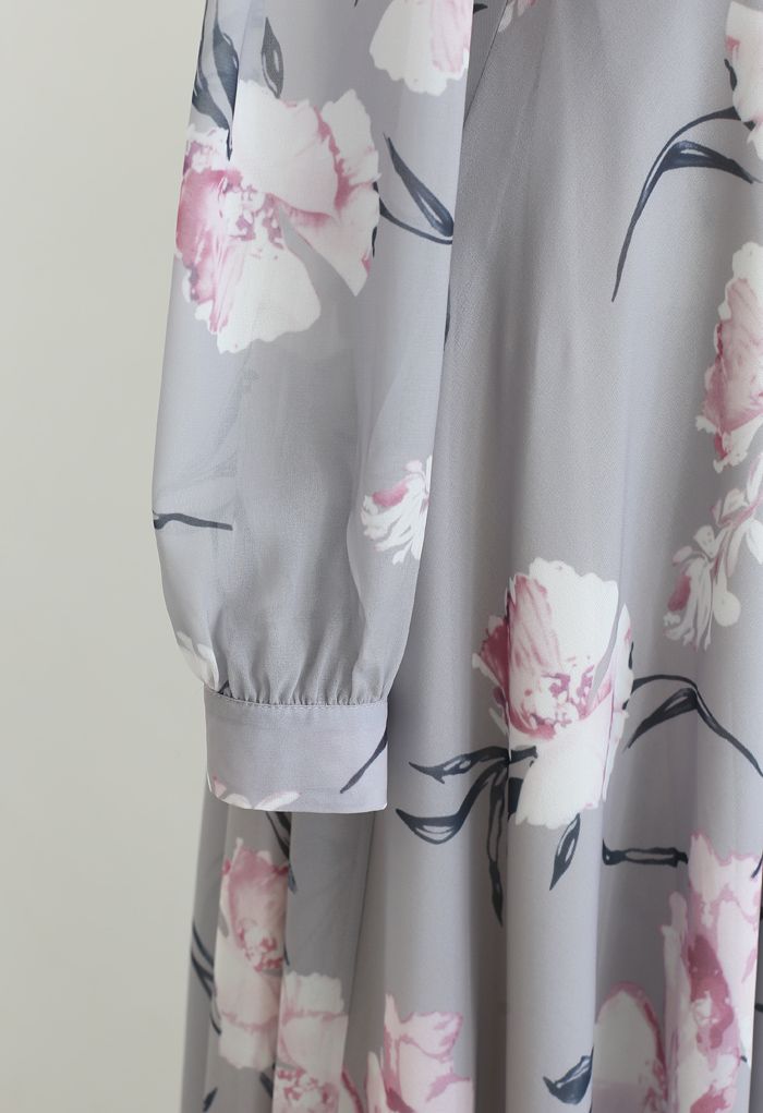 Stunning Grey Floral Print Wrap Chiffon Maxi Dress