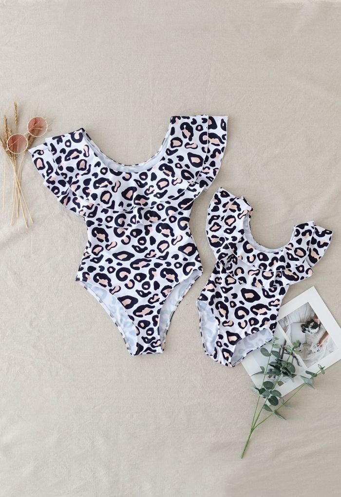 Leopard Print Tiered Ruffle Swimsuit for Mommy & Kids