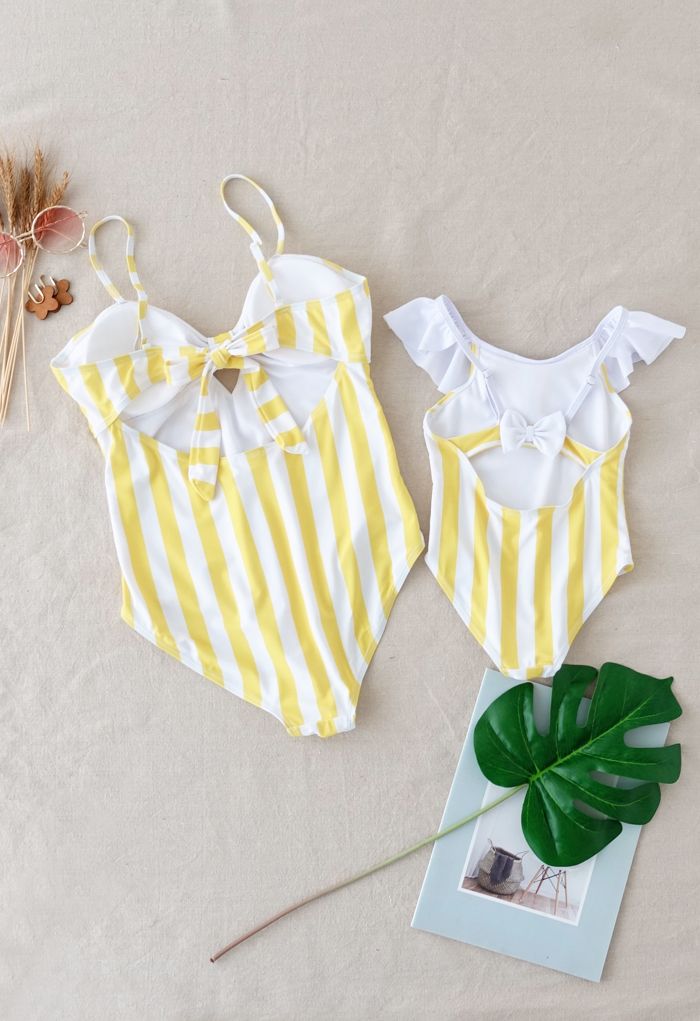 Stripe Printed Bowknot Back Swimsuit for Mommy & Kids