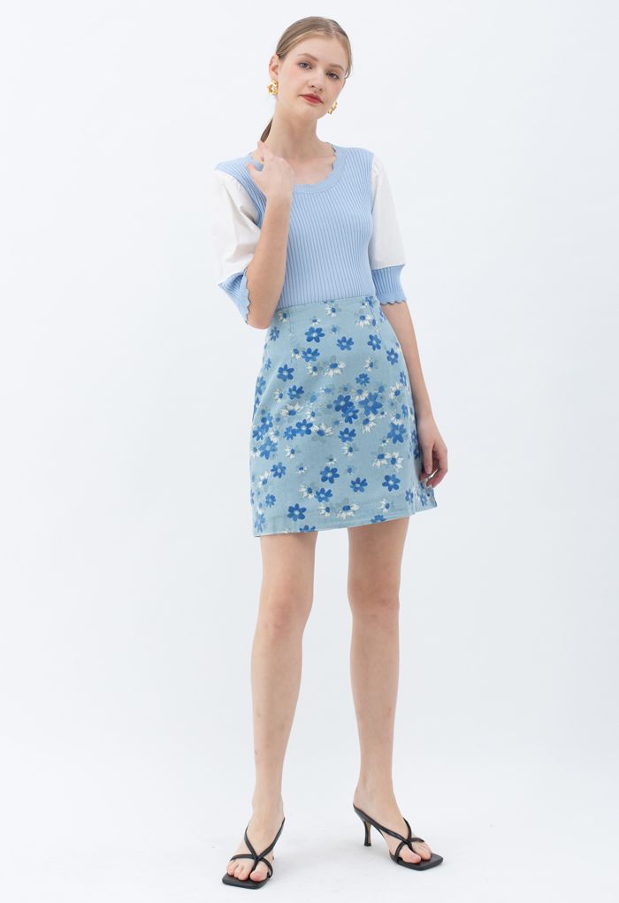 Spliced Mid Sleeve Fitted Knit Top in Baby Blue