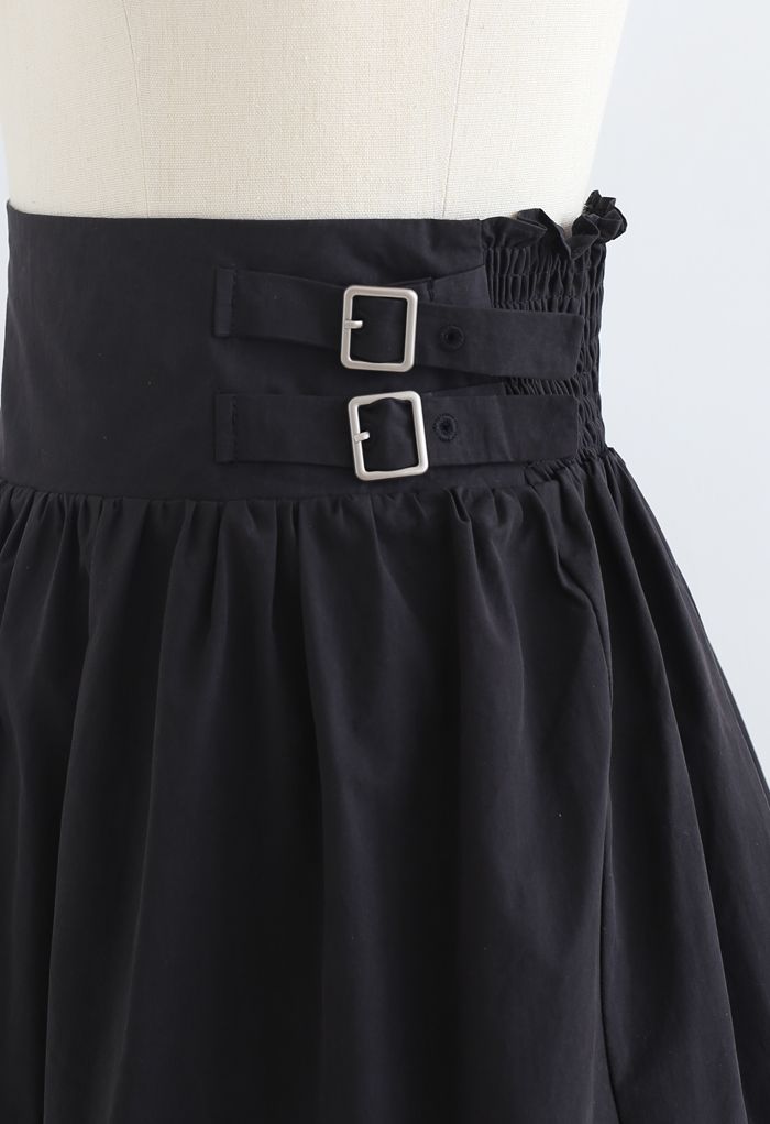 Dual Belt Trim Pleated Mini Skirt in Black