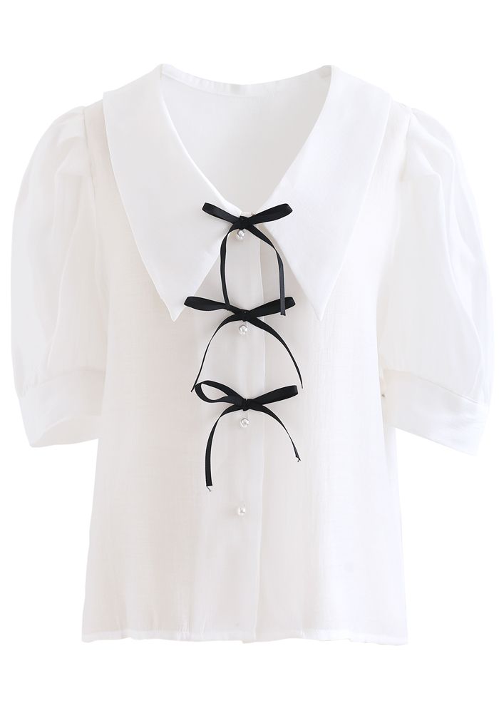 Collared Bowknot Buttoned Shirt in White