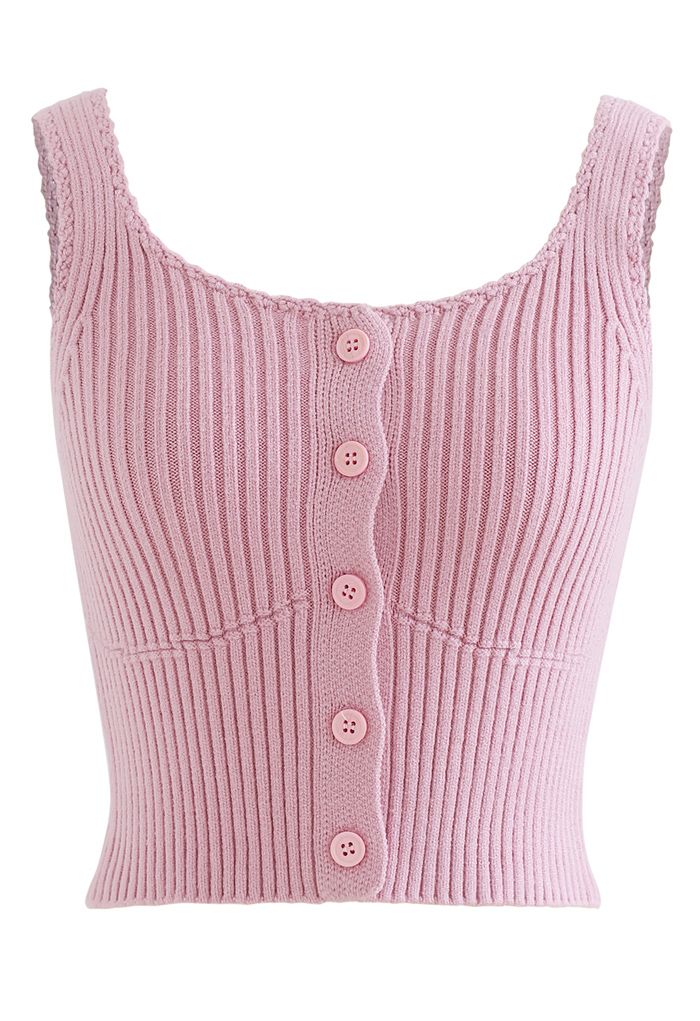 Ribbed Knit Buttoned Crop Tank Top in Pink