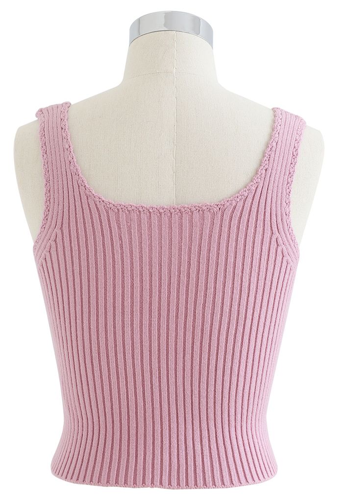 Ribbed Knit Buttoned Crop Tank Top in Pink