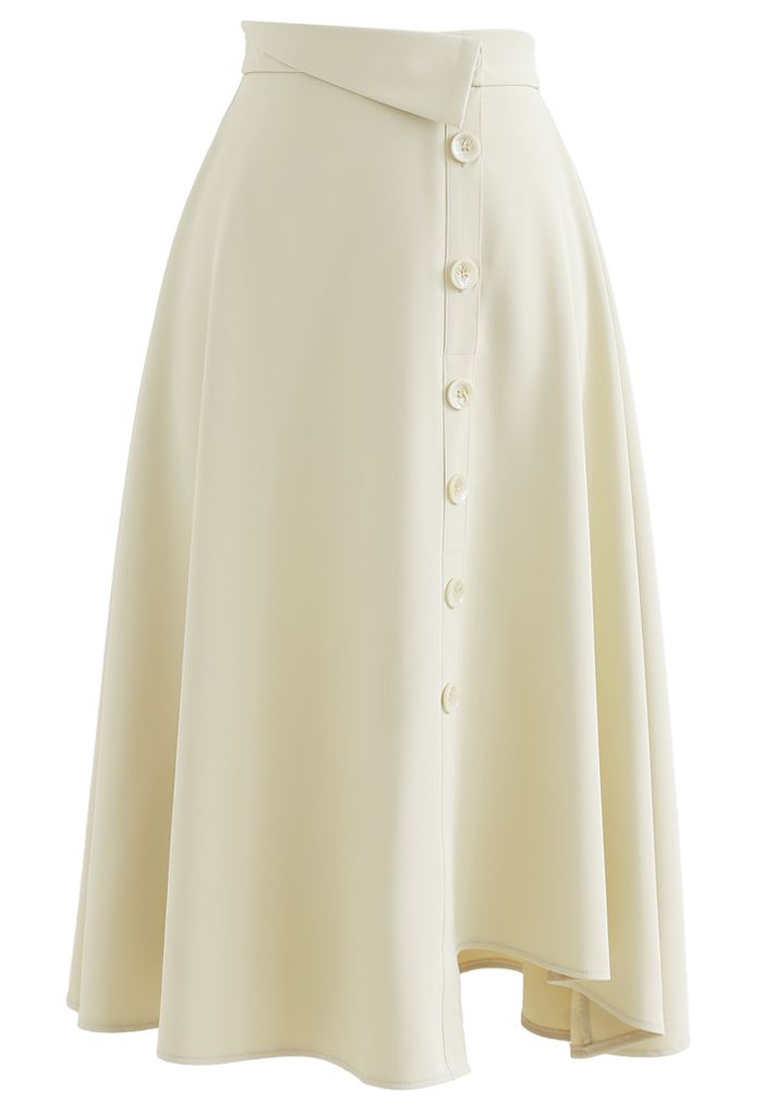 Button Decorated Asymmetric Midi Skirt in Cream