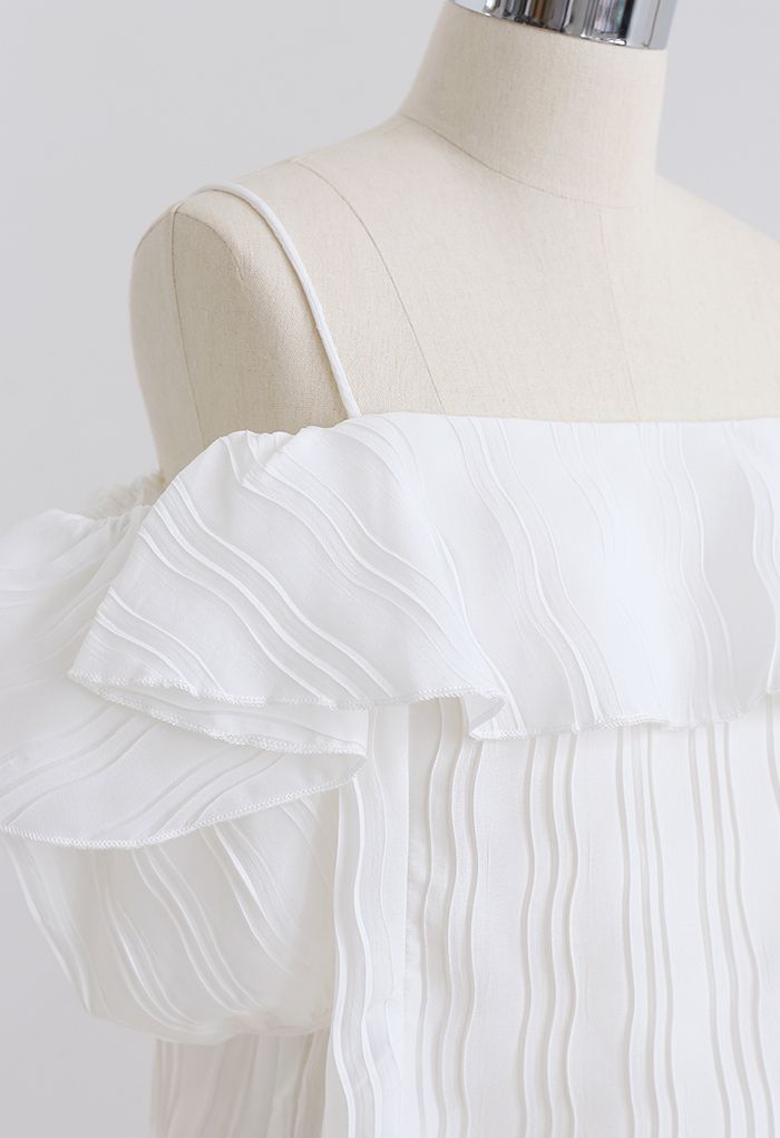 Ripple Pleated Cold-Shoulder Crop Top in White