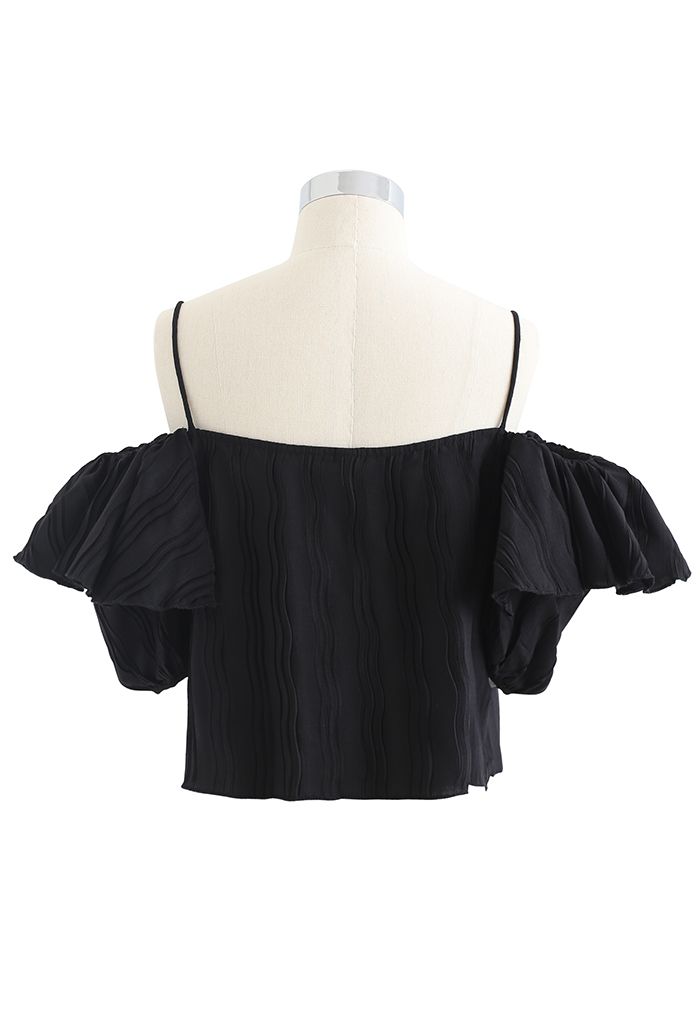 Ripple Pleated Cold-Shoulder Crop Top in Black