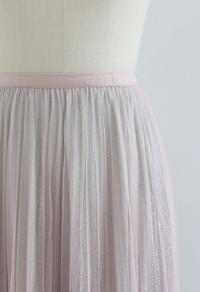Gradient Shimmer Lining Pleated Mesh Skirt in Pink