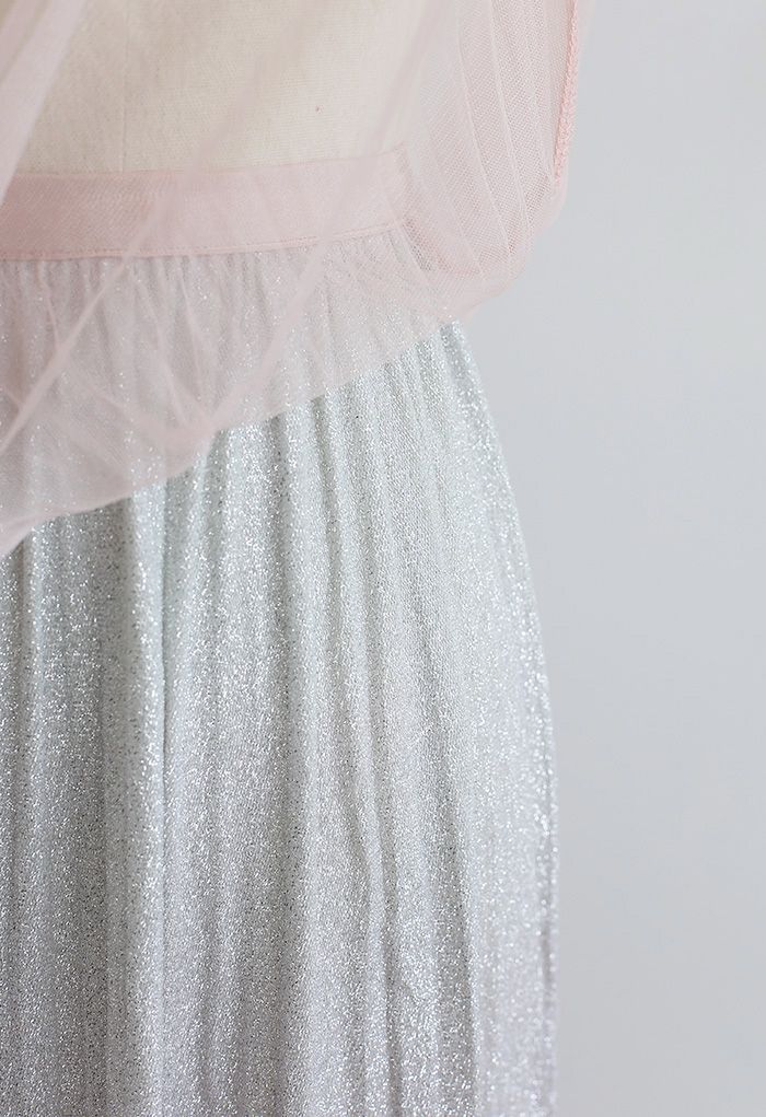 Gradient Shimmer Lining Pleated Mesh Skirt in Pink