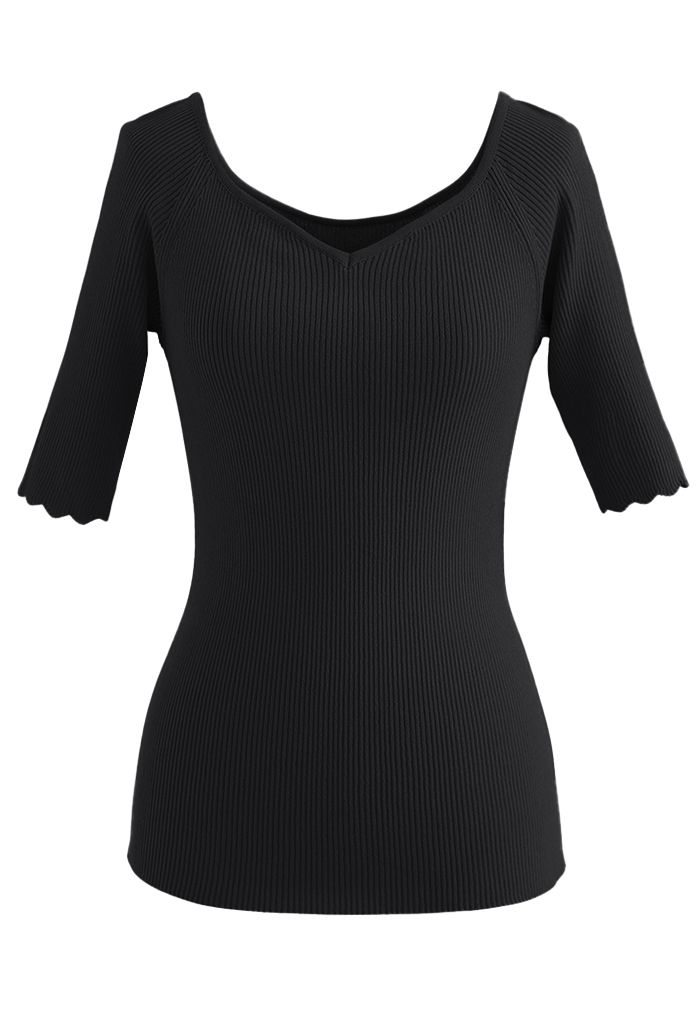 Sweetheart Neck Fitted Knit Top in Black