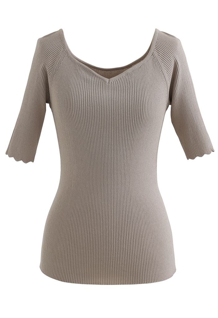 Sweetheart Neck Fitted Knit Top in Taupe