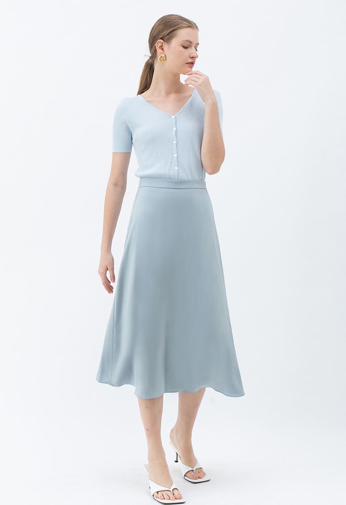 Basic Smooth A-Line Midi Skirt in Dusty Blue