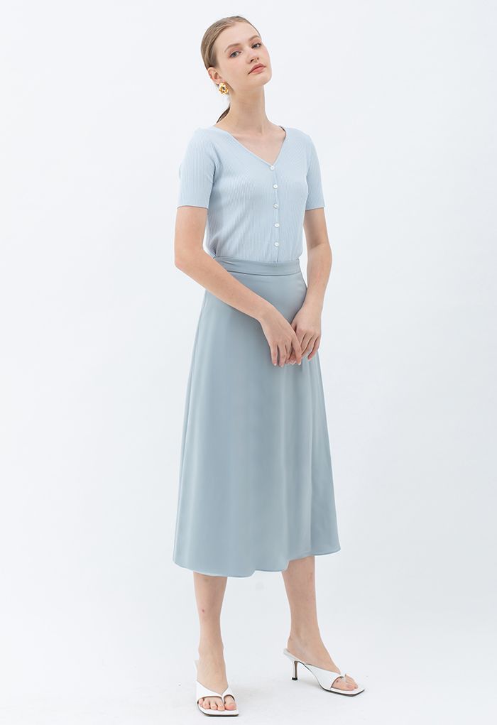 Basic Smooth A-Line Midi Skirt in Dusty Blue