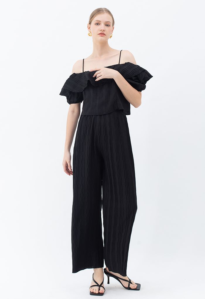 Ripple Pleated Cold-Shoulder Crop Top in Black