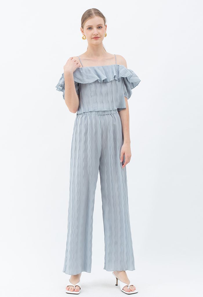 Ripple Pleated Cold-Shoulder Crop Top in Dusty Blue