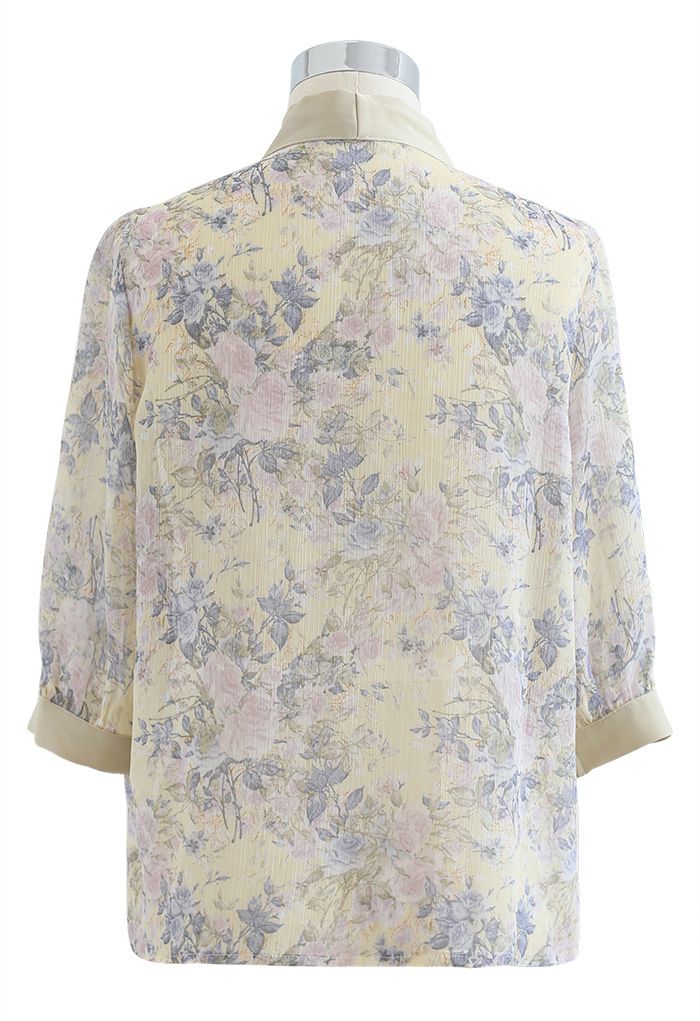 Vintage Floral Tie Neck Sheer Shirt in Moss Green