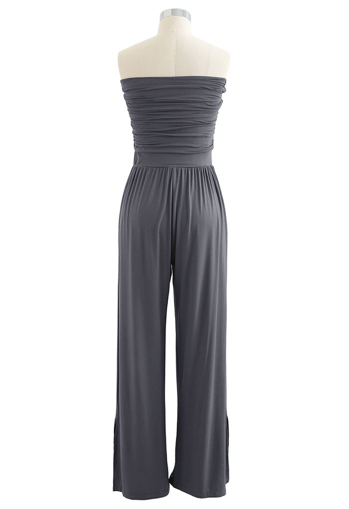 Ruched Front Soft Touch Slit Jumpsuit in Smoke