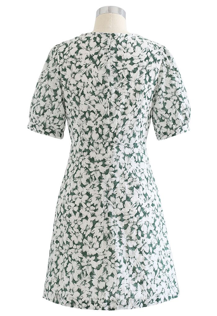 Gentle Blossom V-Neck Buttoned Mini Dress in Green