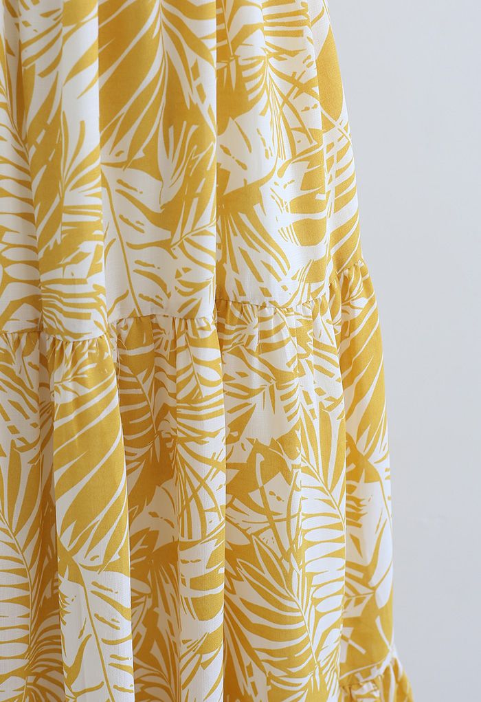 Mustard Palm Leaf Print Frilling Midi Dress