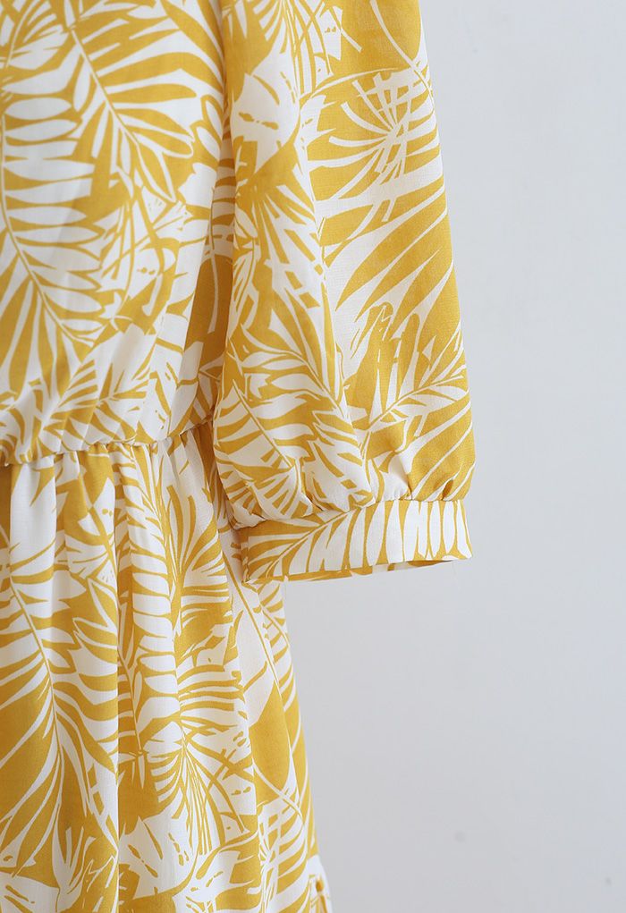 Mustard Palm Leaf Print Frilling Midi Dress