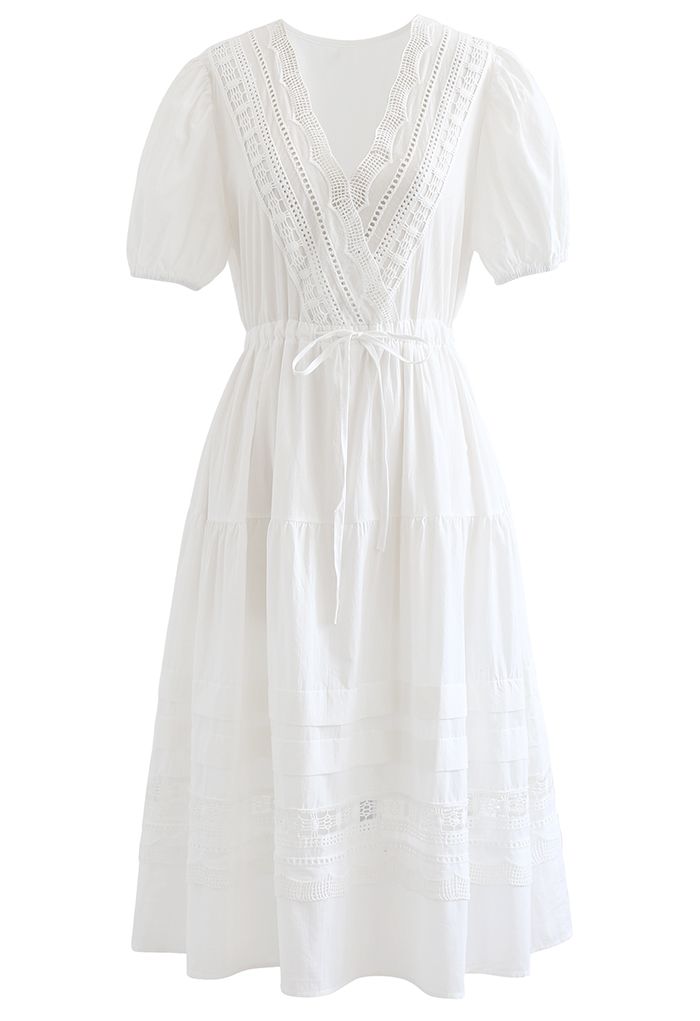 Lace Inserted Bubble Sleeves Wrapped Midi Dress in White
