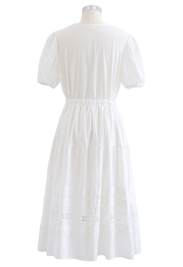 Lace Inserted Bubble Sleeves Wrapped Midi Dress in White