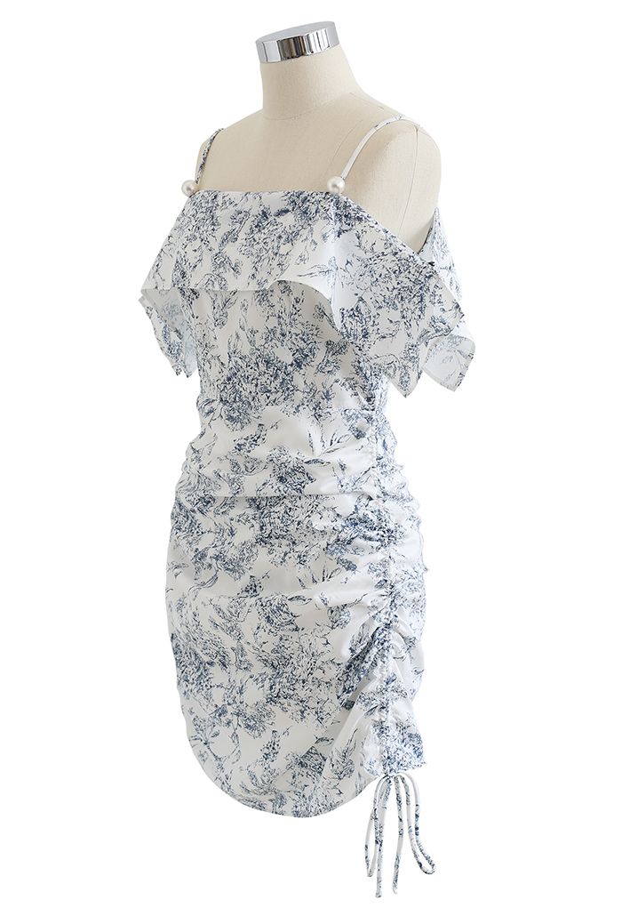 Drawstring Side Cold-Shoulder Printed Dress