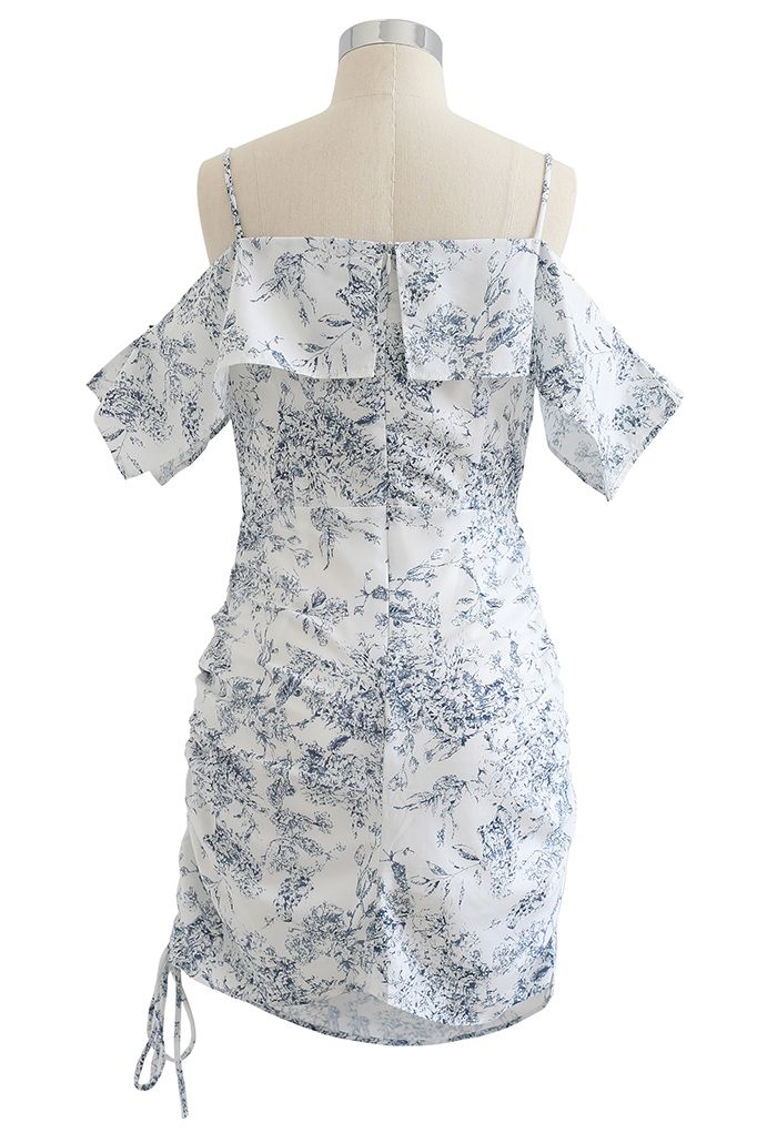Drawstring Side Cold-Shoulder Printed Dress