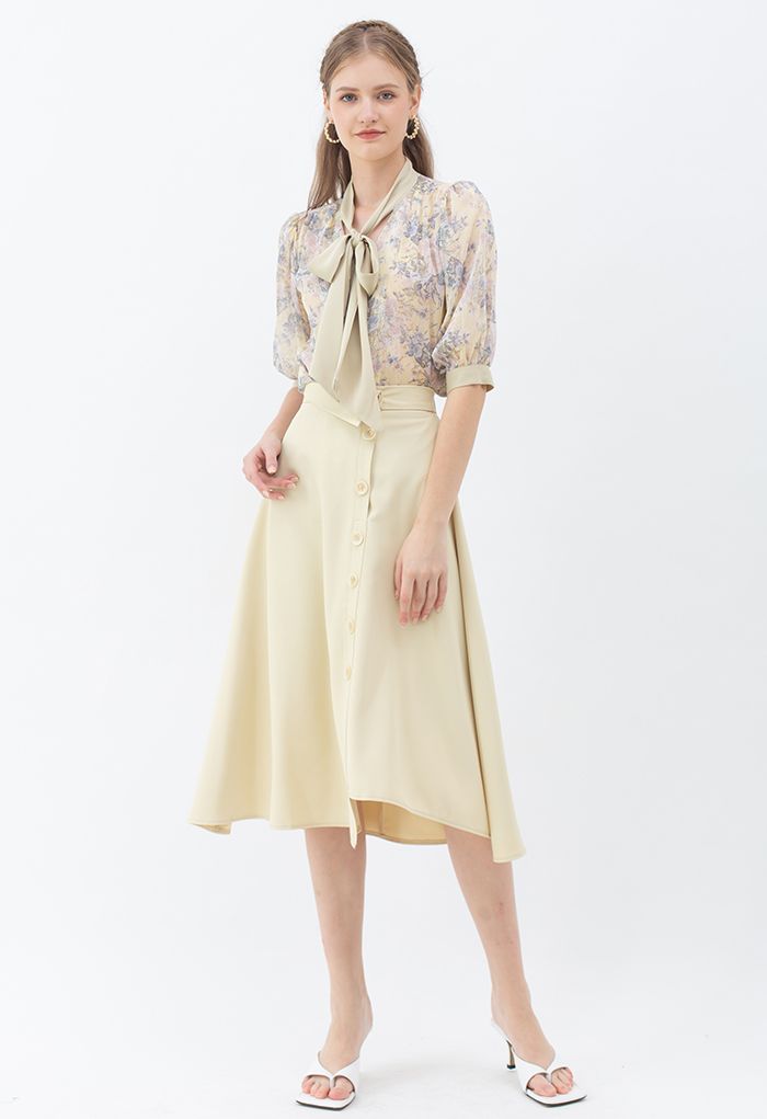 Button Decorated Asymmetric Midi Skirt in Cream