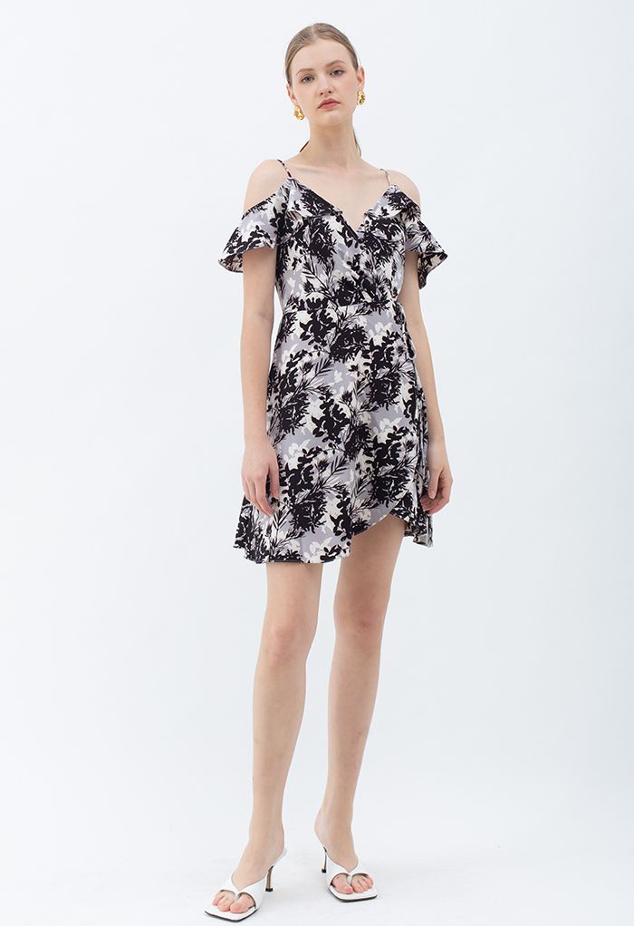 Midnight Leaves Printed Asymmetric Wrapped Cami Dress