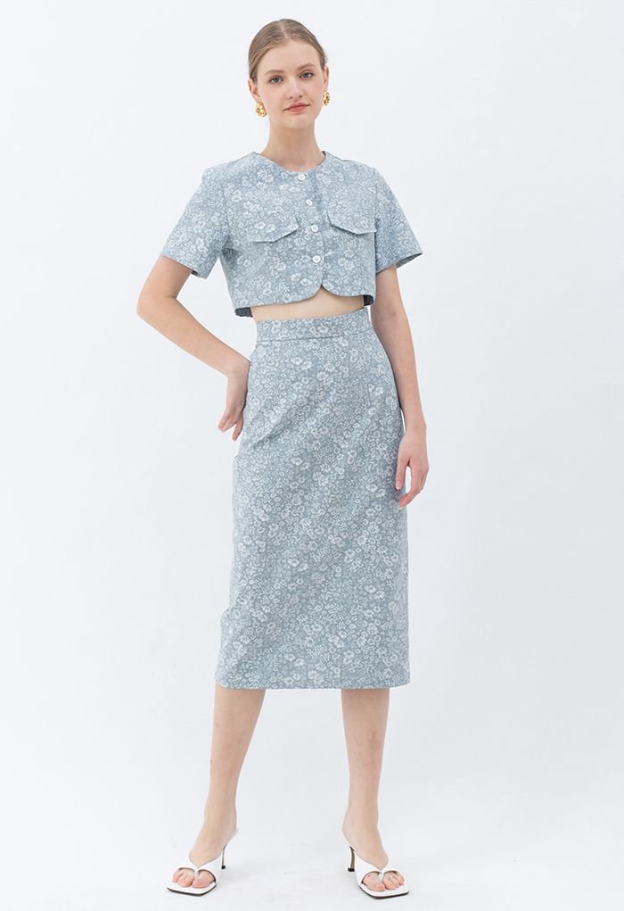 Floral Printed Washed Denim Crop Top and Skirt Set