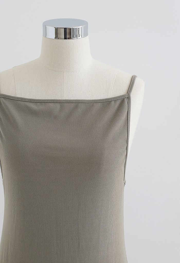 Cami Strap Bodycon Ribbed Knit Dress in Taupe