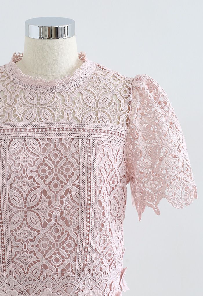 3D Flower Full Crochet Crop Top in Pink