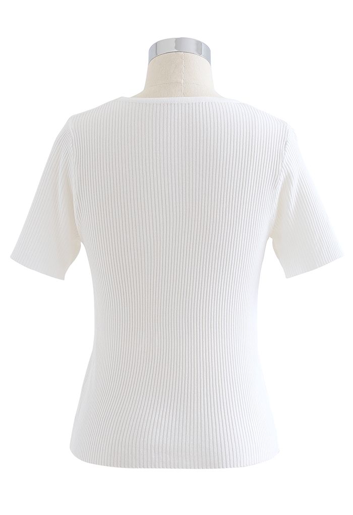 Cut Out Shoulder Ribbed Knit Top in White