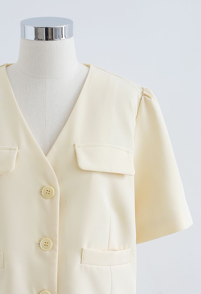 Button Down Short Sleeve Cropped Blazer in Light Yellow