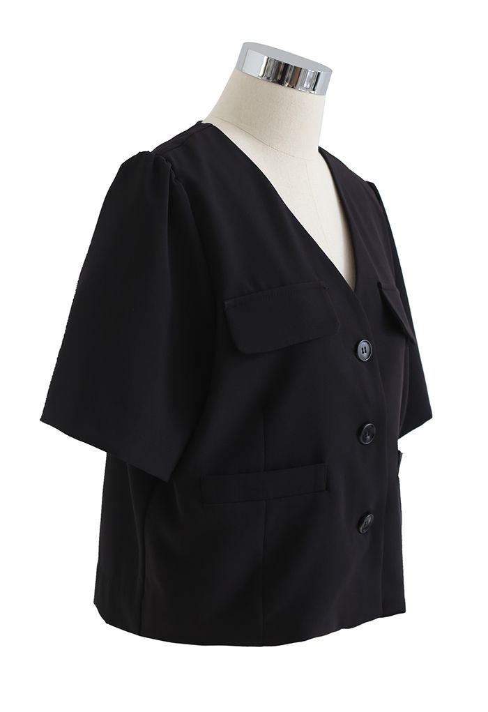 Button Down Short Sleeve Cropped Blazer in Black