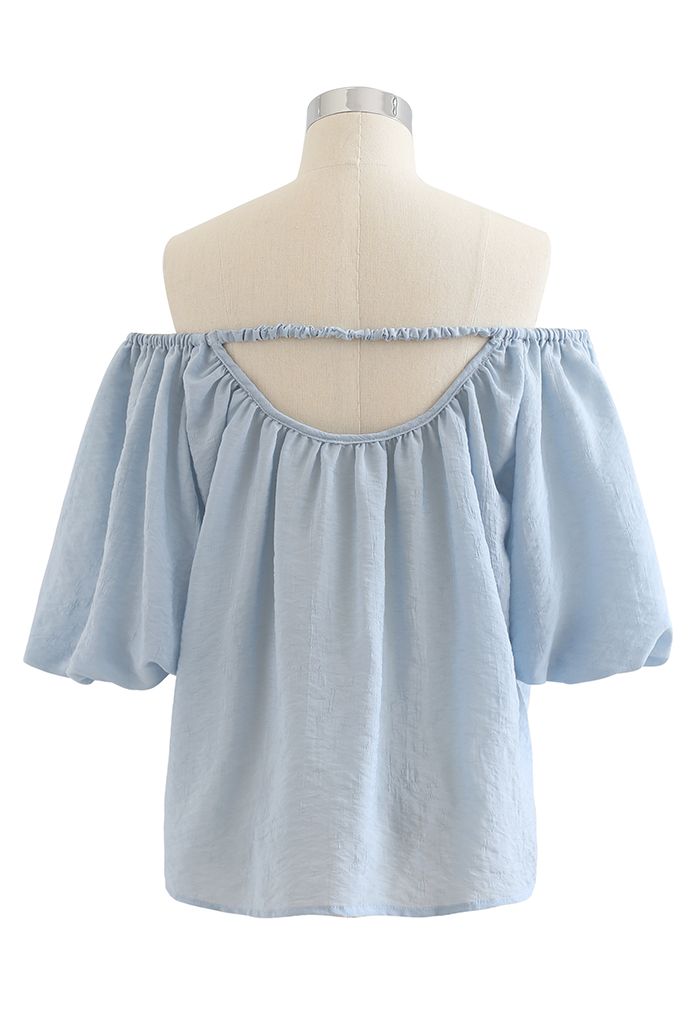 Pastel Color Bubble Sleeves Off-Shoulder Top in Blue