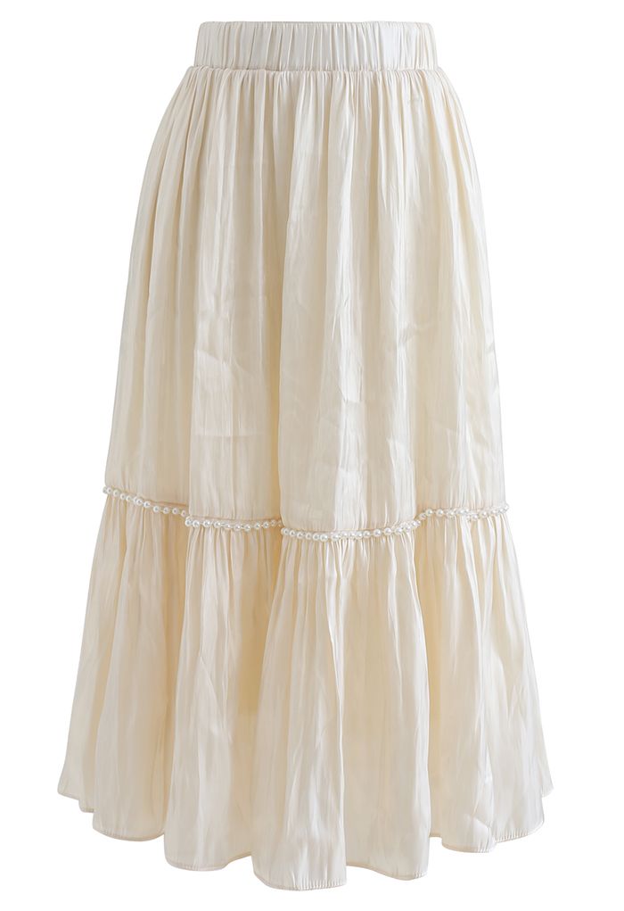 Shimmer Satin Pearly Midi Skirt in Cream