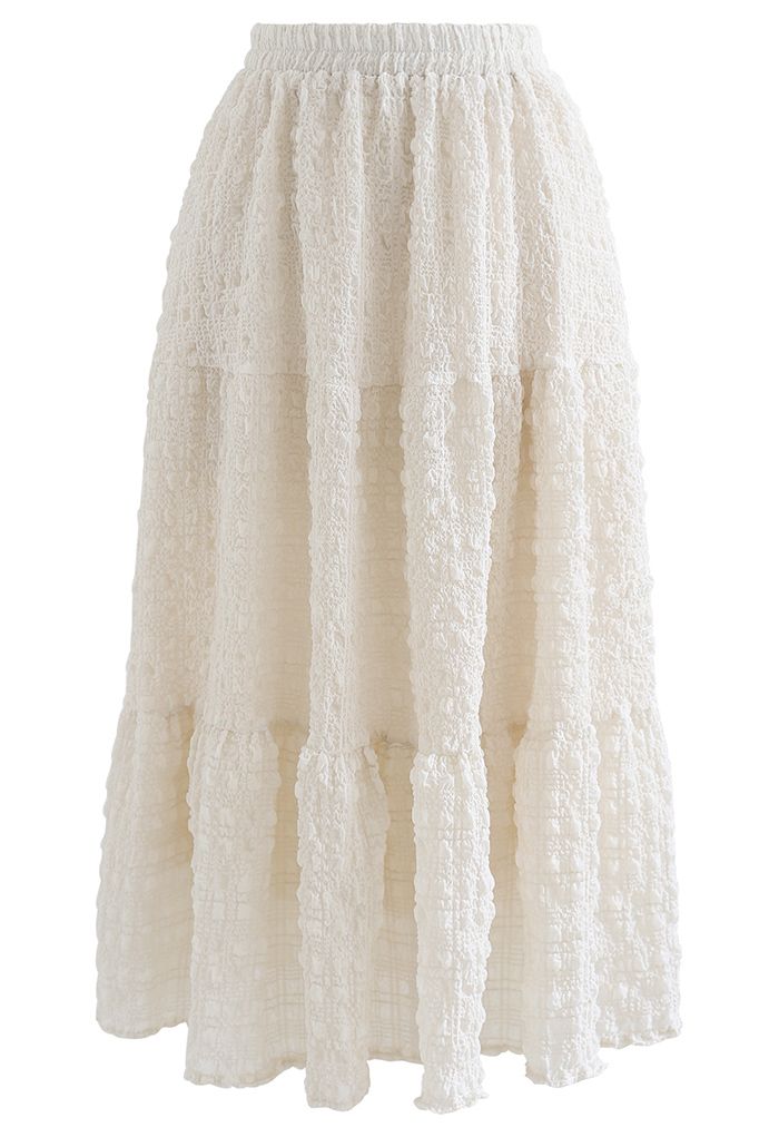 Full of Embossing Frill Hem Midi Skirt in Cream