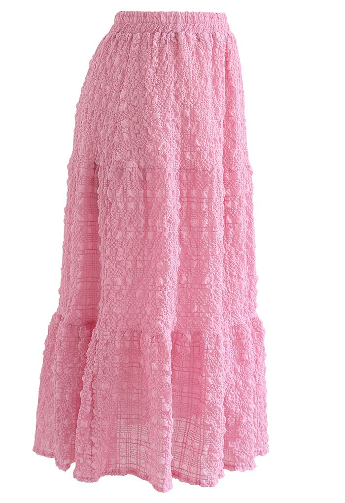 Full of Embossing Frill Hem Midi Skirt in Hot Pink