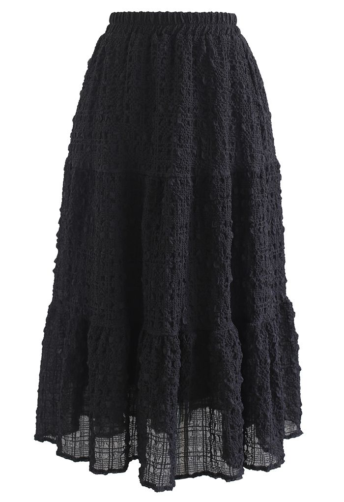 Full of Embossing Frill Hem Midi Skirt in Black