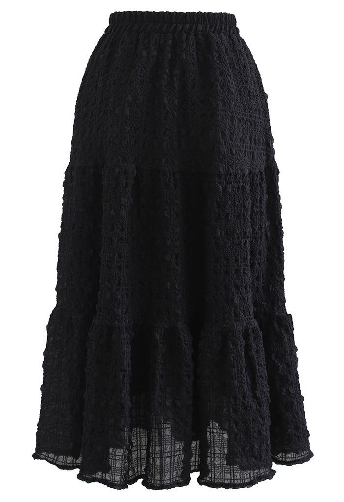 Full of Embossing Frill Hem Midi Skirt in Black