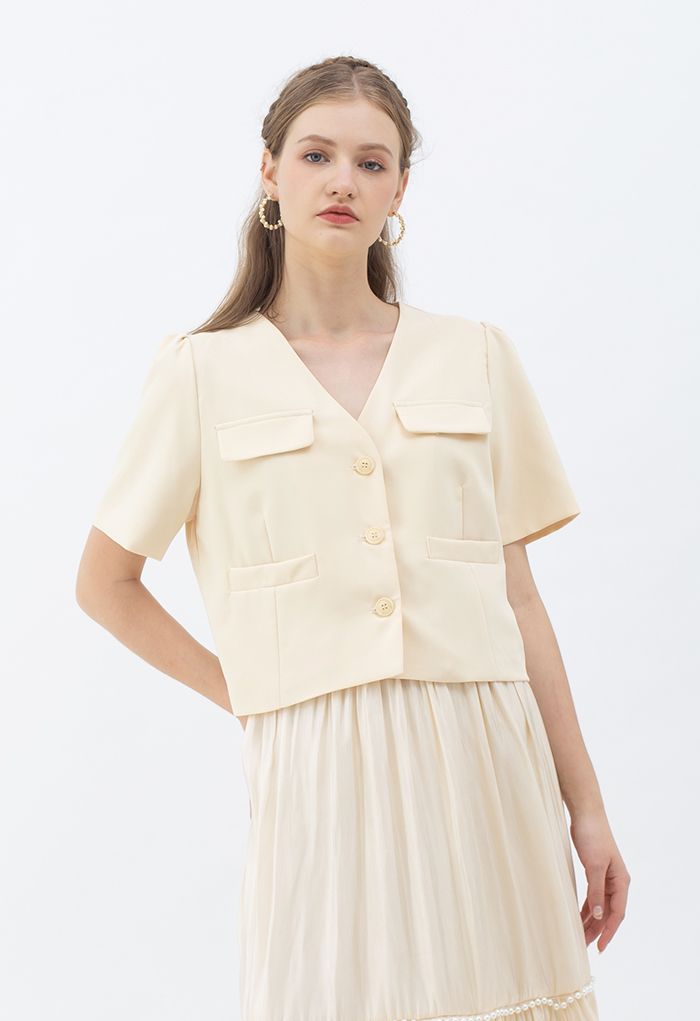 Button Down Short Sleeve Cropped Blazer in Light Yellow