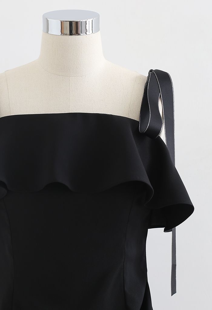Tie Shoulder Frilling Ruched Mini Dress in Black