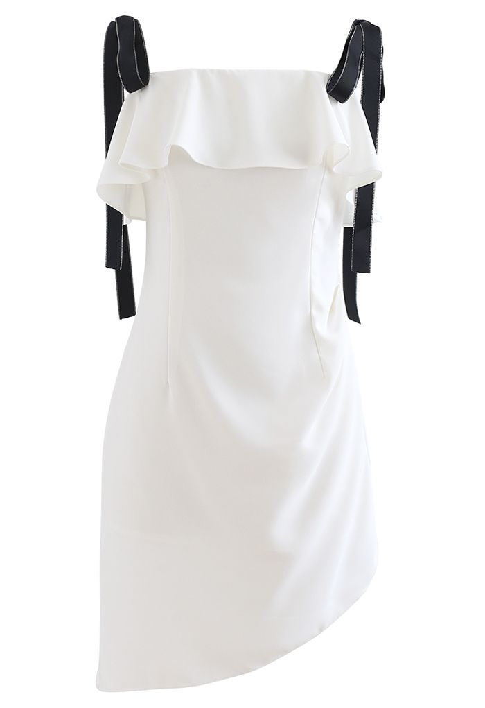 Tie Shoulder Frilling Ruched Mini Dress in White
