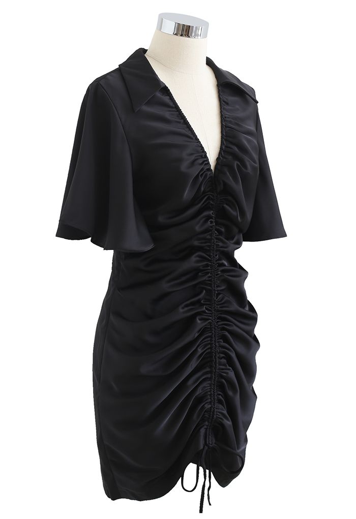 Flare Sleeve Drawstring Front Mini Dress in Black
