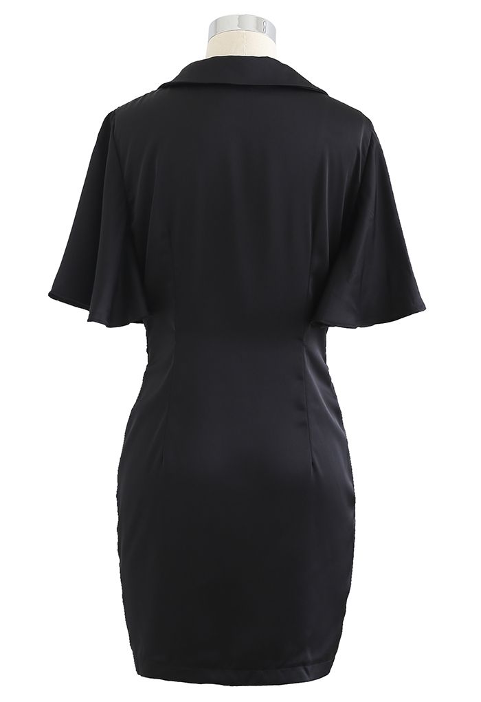 Flare Sleeve Drawstring Front Mini Dress in Black